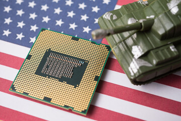 CPU (central processing unit), battle tank on United states of America flag background. US vs China...