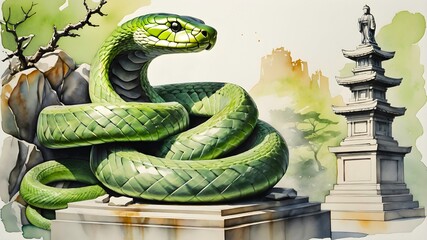 Watercolor Oriental poster of green snake. New Year 2025 symbol