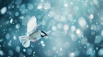 Fototapeta premium A bird in flight, its wings spread wide, frozen in time against a backdrop of swirling snowflakes.