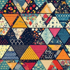 Kaleidoscope of Patterns: A vibrant textile design bursting with colorful triangles, each adorned with unique floral and geometric motifs.
