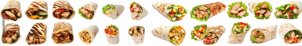 Poster A collection of chicken wraps shown on a transparency background in full length