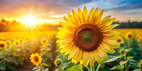 Fototapeta premium Close-up of vibrant sunflower with sunny field background