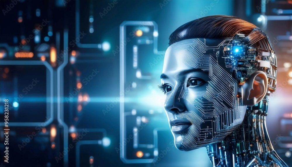 Poster artificial intelligence robot with circuitry, symbolizing technology, innovation, and future.