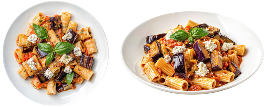 Traditional Italian Pasta alla Norma with Grilled Eggplant, Ricotta, and Tomato Sauce &ndash; Authentic Sicilian Dish on White Plate for Mediterranean Cuisine Concepts