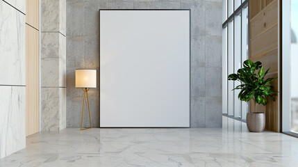 Feet level shot of blank 16:9 frame TV in a modern hallway with lamp and plant, sliced perspective, one point perspective. 32k, full ultra HD, high resolution