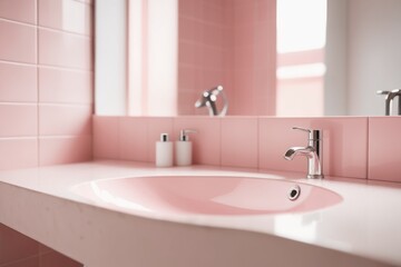 Fototapeta premium A modern bathroom interior featuring a sleek sink, a bathtub, and clean architectural design with wooden accents, large windows, and luxury furniture for a contemporary home feel
