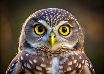 a photo image of a nocturnal bird of prey with rounded head, golden eyes, and distinctive facial disk markings surrounding small, round spectacles