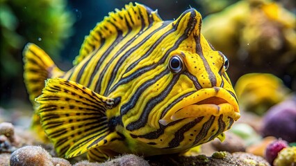 Obraz premium Close-up of a Frogfish with striking yellow-black stripes on its face, featuring large eyes