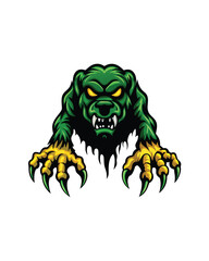 A green furry monster with sharp claws emerging from a dark hole.