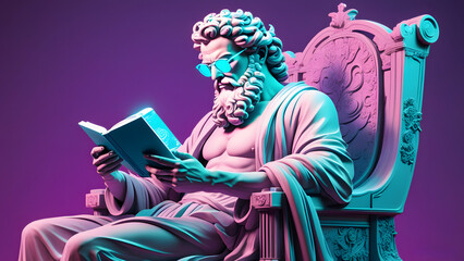 Digital Artwork of Classical Marble Statue with Modern Sunglasses - Bearded Man Reading Glowing Book on Ornate Throne
