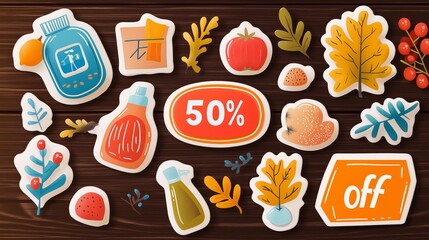 Autumn sale themed stickers with discount offer on wooden background.