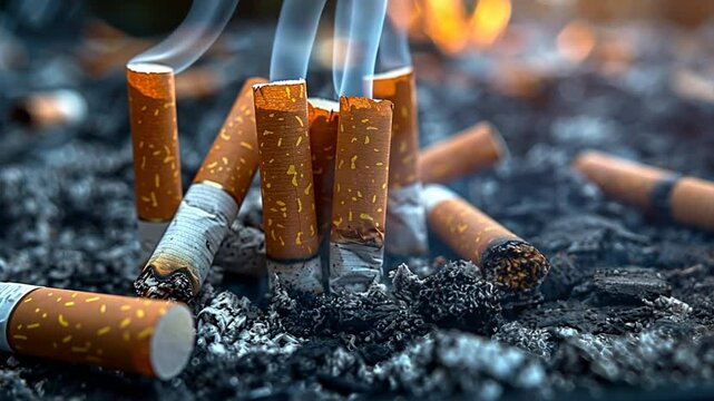 The Price of Habit: A stark close-up of extinguished cigarettes, their remnants smoldering in a bed of ash, serves as a poignant reminder of the consequences of smoking.  