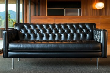 Obraz premium Black Leather Sofa with Button Tufting in Modern Living Room