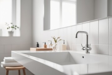 Fototapeta premium Modern bathroom interior with a sleek sink, large mirror, and clean design