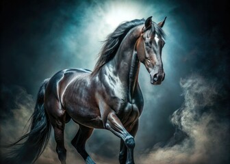 Dramatic low-angle portrait of a black horse, assertive stance, bold lighting, deep shadows, powerful mood, abstract background, strength concept.