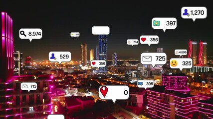 Social media icons fly over city downtown showing people engagement connection through social network application platform . Concept for online community and social media marketing strategy . High