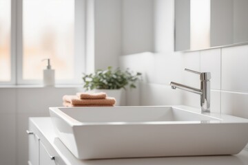 a clean white bathroom sink with a silver faucet, reflecting soft light The faucet is slightly curved, with water droplets on its surface, and the sink is set against a tiled wall