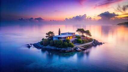 Mysterious, mist-shrouded private island at sunset, with elegant, minimalist villa, and exclusive, invitation-only ambiance, conveyed through soft, serene hues of blues and purples.