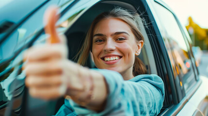 Young happy woman driving a car and showing thumb up. car sharing, buying a car, car insurance, driving school, auto repair shop, roadside assistant promotion