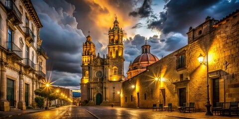 low-key moody nighttime capture of Zacatecas cathedral illuminated by warm yellow streetlights surrounded by darkened historic center and cloudy sky