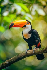 Fototapeta premium Toco toucan perched on a branch amid lush green foliage in nature