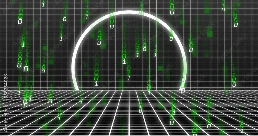 Poster green binary code and grid patterns over digital tunnel animation