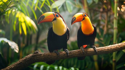 Fototapeta premium Toucans perched on a branch amidst vibrant tropical foliage
