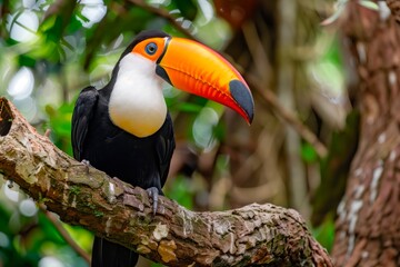 Fototapeta premium Colorful toucan perched among lush green leaves in vibrant habitat