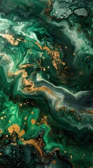Abstract image featuring vibrant swirling patterns of green, white, and golden hues, evoking a fluid, marble-like appearance ideal for use in backgrounds, web design, and artistic projects,