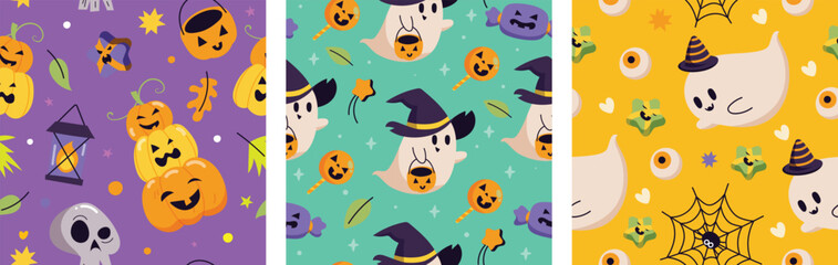 Cute happy halloween seamless pattern background vector. Colorful doodle design for wallpaper, kids fabric and print. Vector illustration.