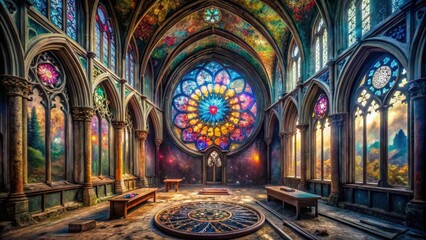 Obraz premium Intricate line art mandalas fill a deserted, crumbling Gothic chapel, radiating an aura of mystical energy and ancient wisdom in rich, jewel-toned hues.