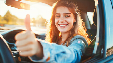 Young happy woman driving a car and showing thumb up. car sharing, buying a car, car insurance, driving school, auto repair shop, roadside assistant promotion
