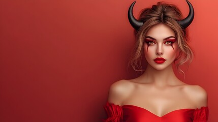 Naklejka premium Captivating Devil Woman in Red Halloween Costume with Horns