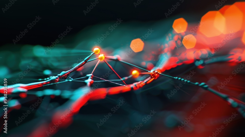 Poster a surreal visualization of a digital map with interconnected nodes, representing the complex relatio