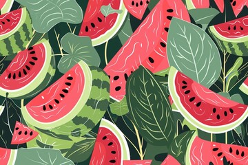 Vibrant Watermelon and Leaf Illustration with Juicy Summer Vibes