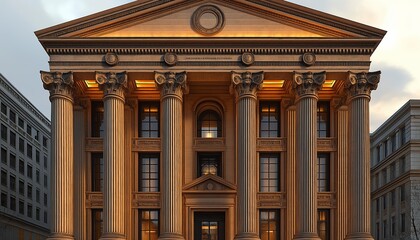 Obraz premium Grand bank building with towering columns, centered and facing directly towards the viewer. The architecture is classical, featuring intricate stonework with golden accents on the columns and facade.