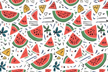 Colorful Watermelon Triangles and Abstract Shapes on White Background