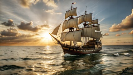 Obraz premium pirate ship sailing in sunset.