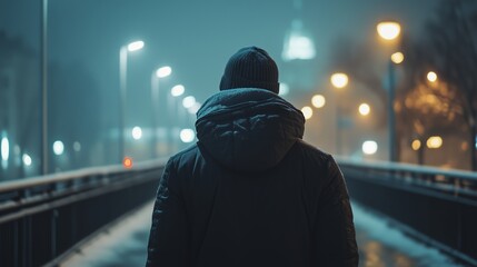 A person walks alone on a dimly lit urban bridge during a foggy night surrounded by glowing streetlights