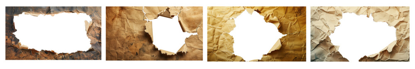 Collection of sheets of old paper with a hole and copy space isolated on transparent background. 