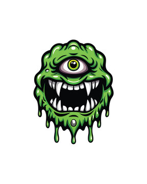 A gooey, three-eyed monster with neon green slime dripping from its mouth.