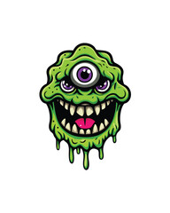 A cartoon illustration of a gooey three-eyed monster with neon green slime dripping from its face.