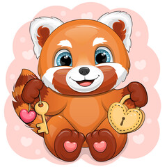 Cute cartoon red panda with lock and key. Vector illustration of an animal on a pink background with hearts. © Olena