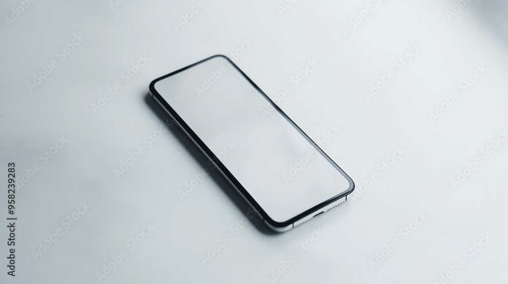 Poster modern smartphone with blank screen lying on white surface
