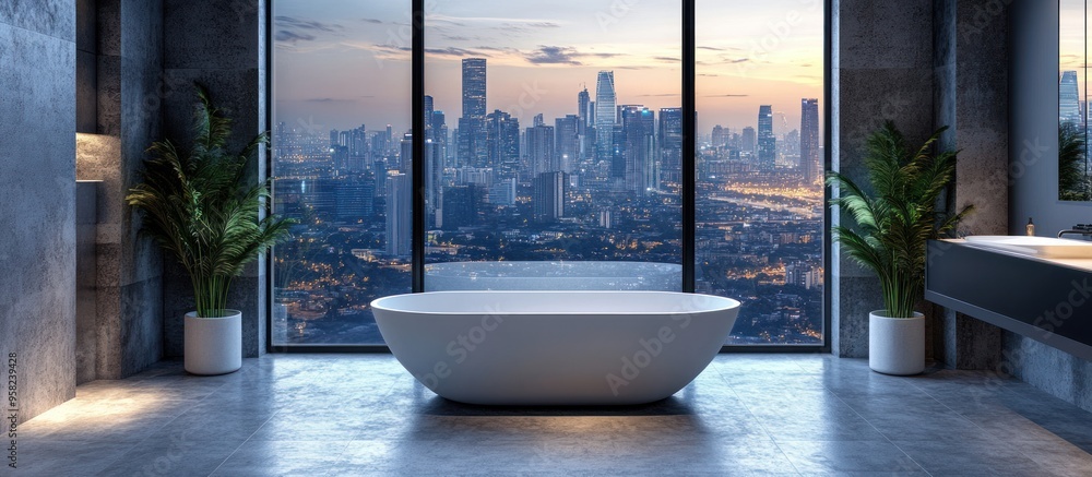 Sticker Luxury Bathroom with City Skyline View