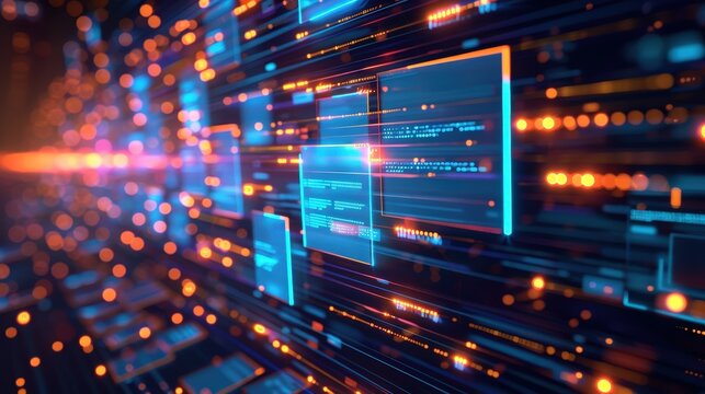 Abstract network grid with files and folders, futuristic software interface, digital document management system, store, search and organize documents, corporate business, paperless office	