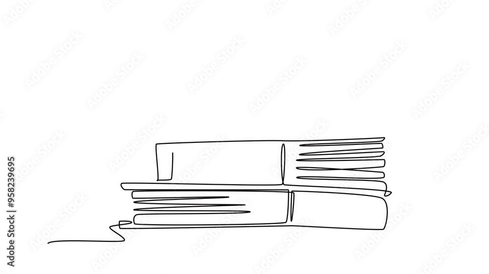Aufkleber self drawing animation of single line draw cup of coffee or tea on pile of books on office desk. wor