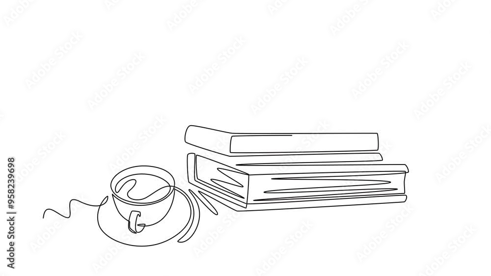 Aufkleber self drawing animation of single line draw of opened page book with cup of hot black espresso coffee