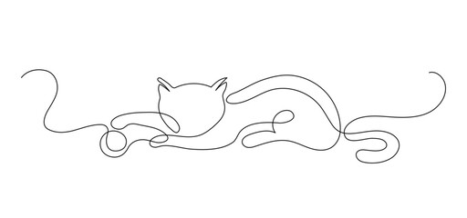 Cat playing with ball or thread. Continuous line drawing.