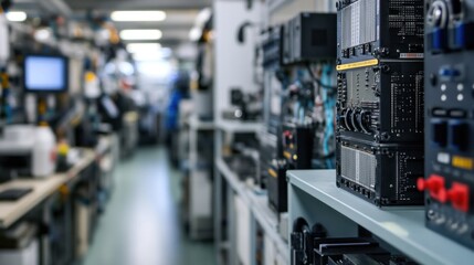 Naklejka premium A lab filled with power electronics prototypes, engineers testing various designs,